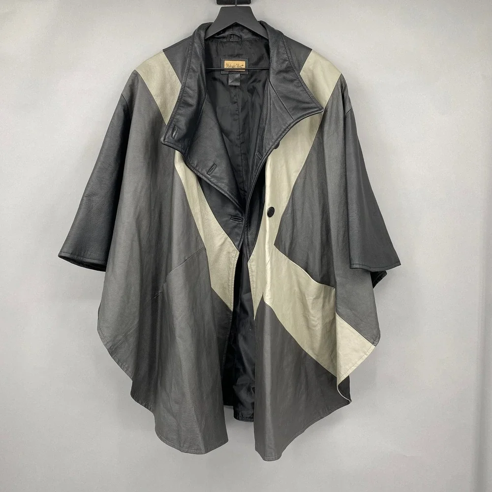 Vintage Midnight Velvet Leather Poncho Cape Jacket Black Patchwork Chevron‎ OS